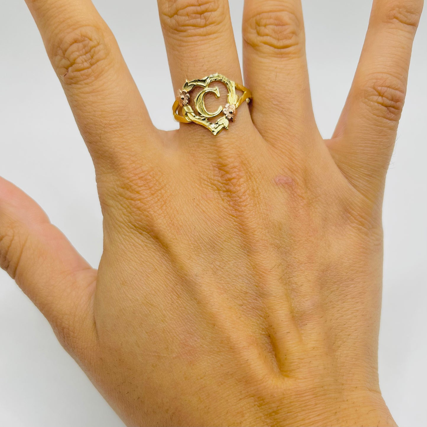 10K Gold Heart Initial Ring with Roses