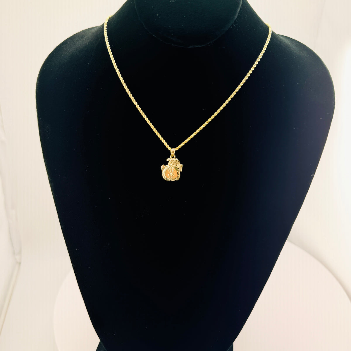 10K Gold Moneybag Necklace charm and chain in real gold