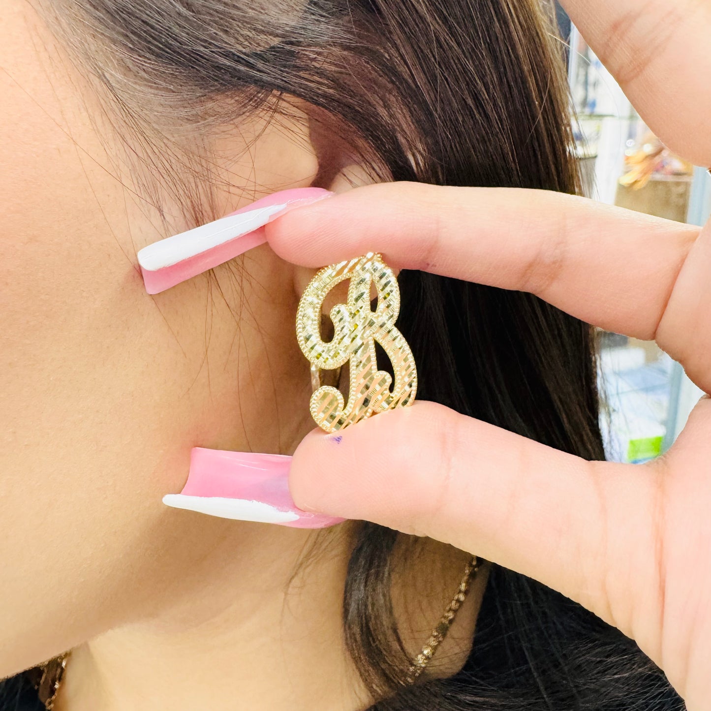 10K Gold Large Cursive Initial Earrings (shiny diamond cut finish)