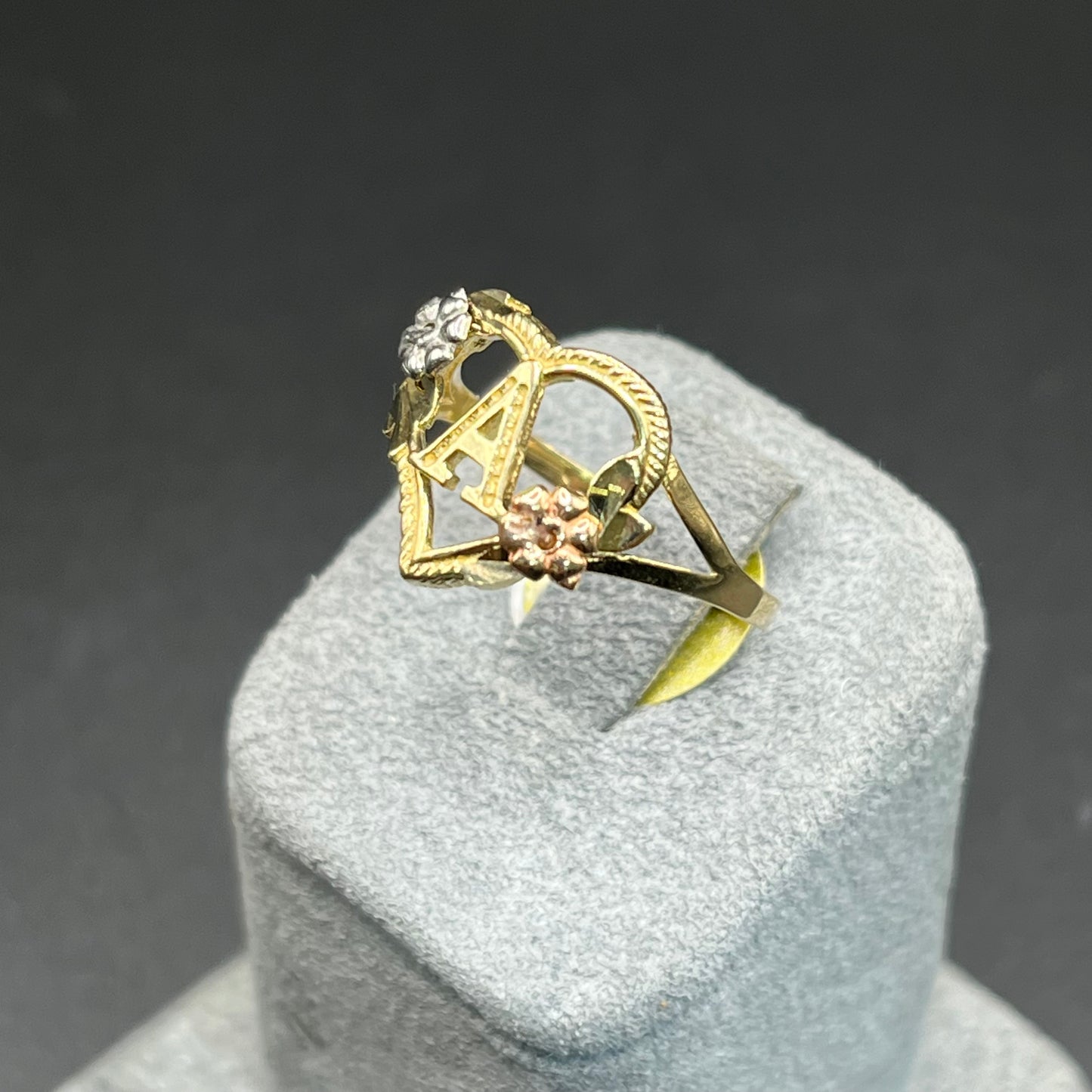 14K Gold Initial Ring with Pink Roses