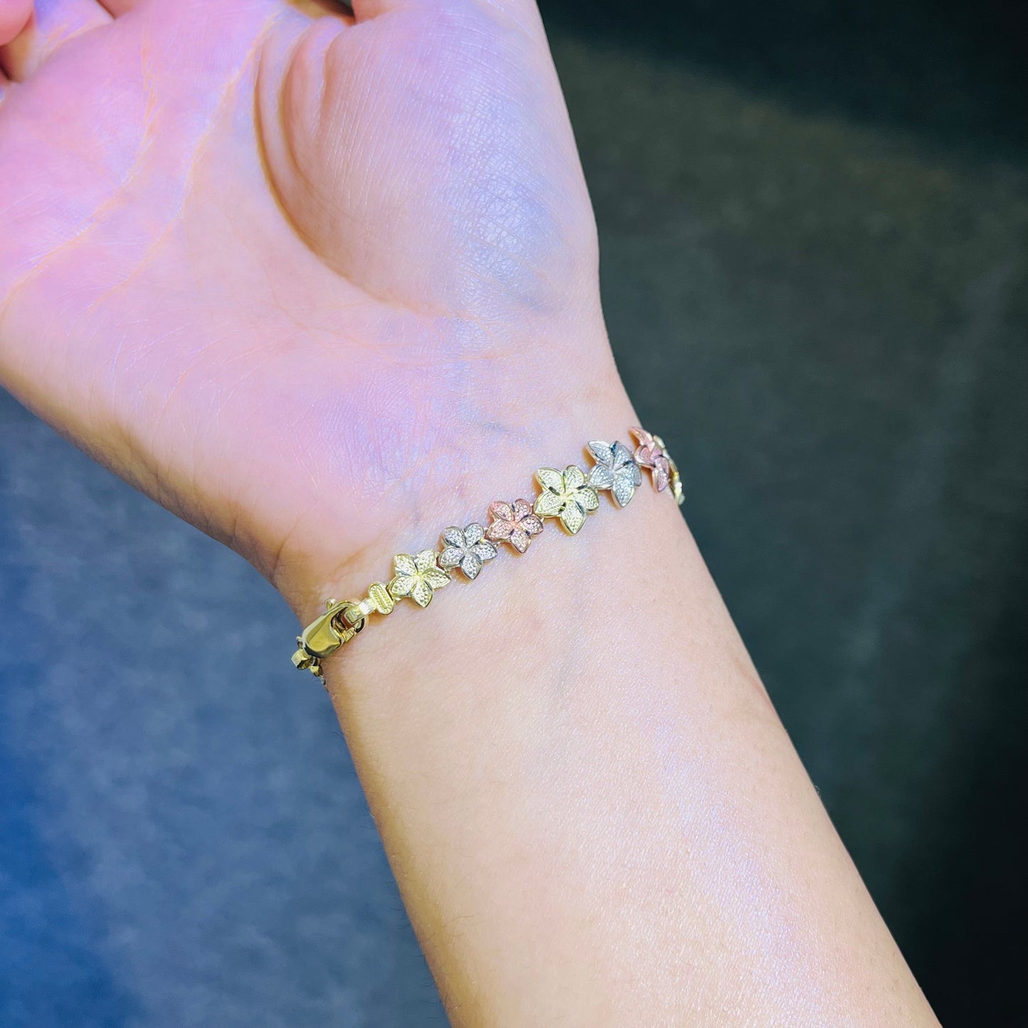 10k Gold Tri Color Sm - Lrg Hibiscus Bracelet