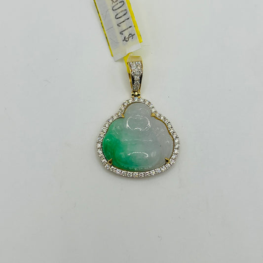 10k Gold Natural Diamond Green And White Jade Buddha Charm