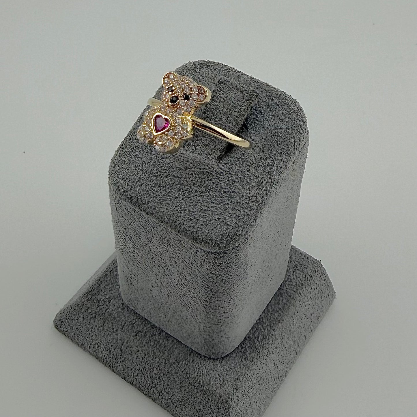 10k Gold Cz Teddy Bear Ruby Heart Ring (S)