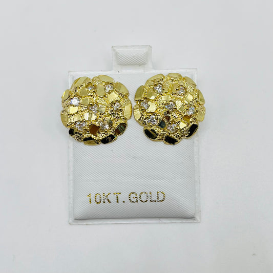 10K Gold Round Nugget Earrings with CZ ( large)