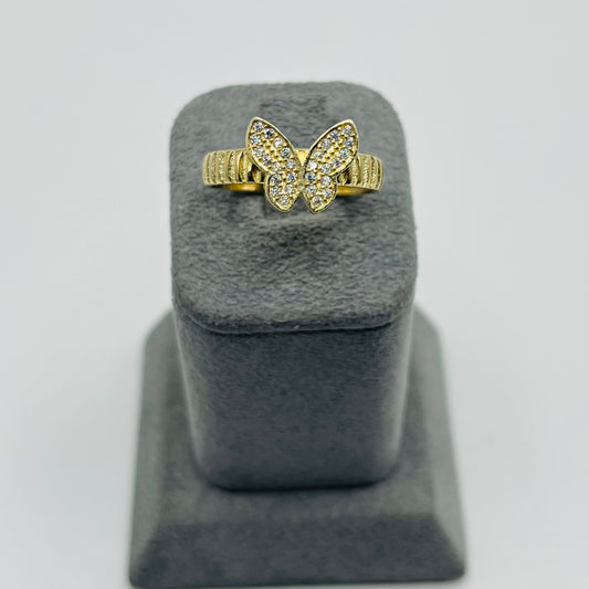 14k Gold Cz Butterfly Ribbed Band Ring