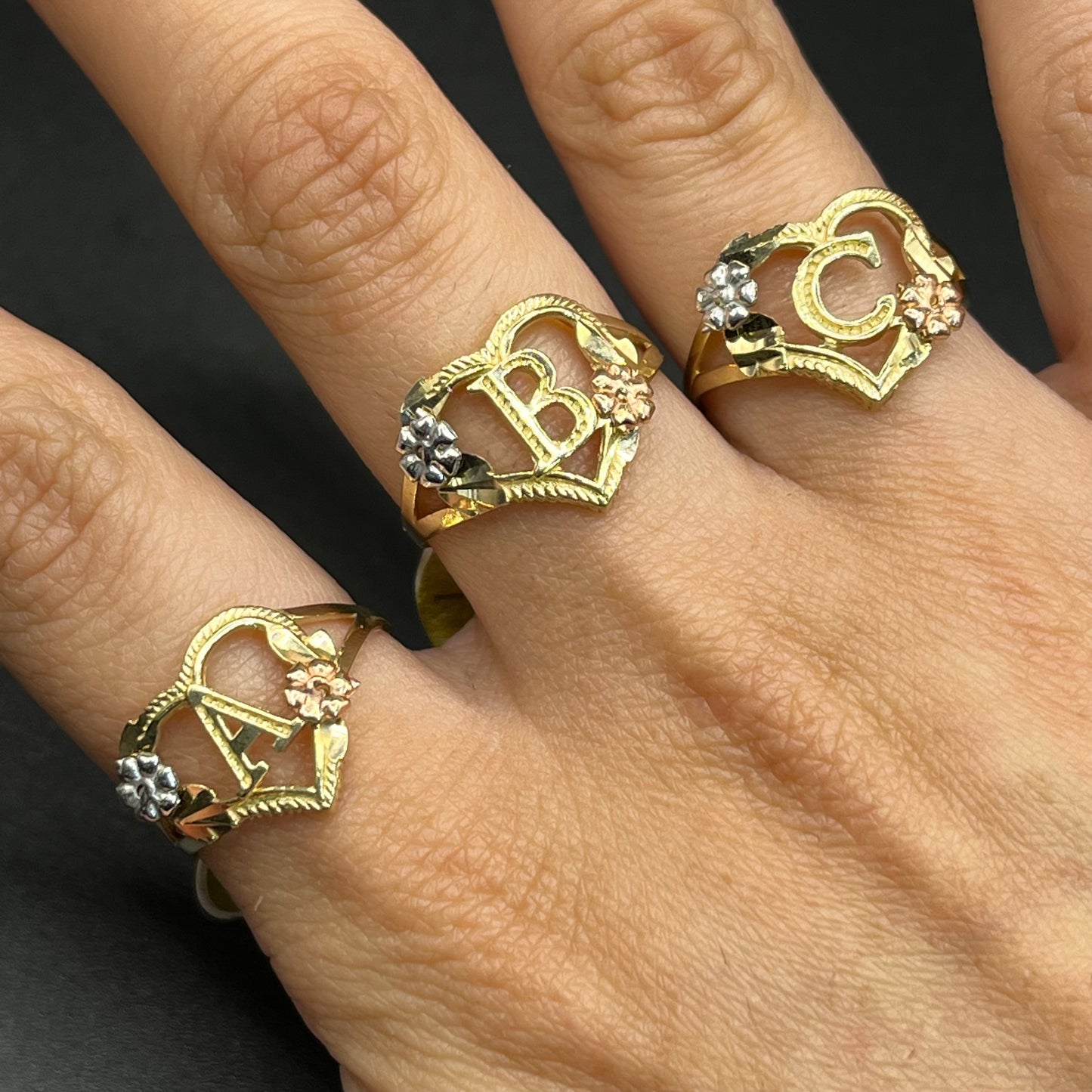 14K Gold Initial Ring with Pink Roses