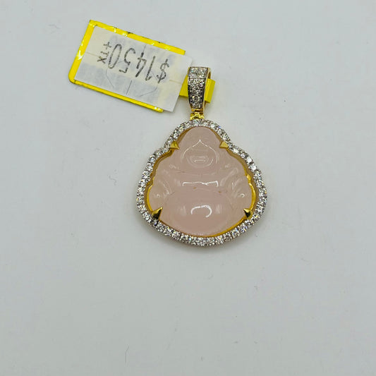 10k Gold Natural Diamond Pink Jade Buddha Charm