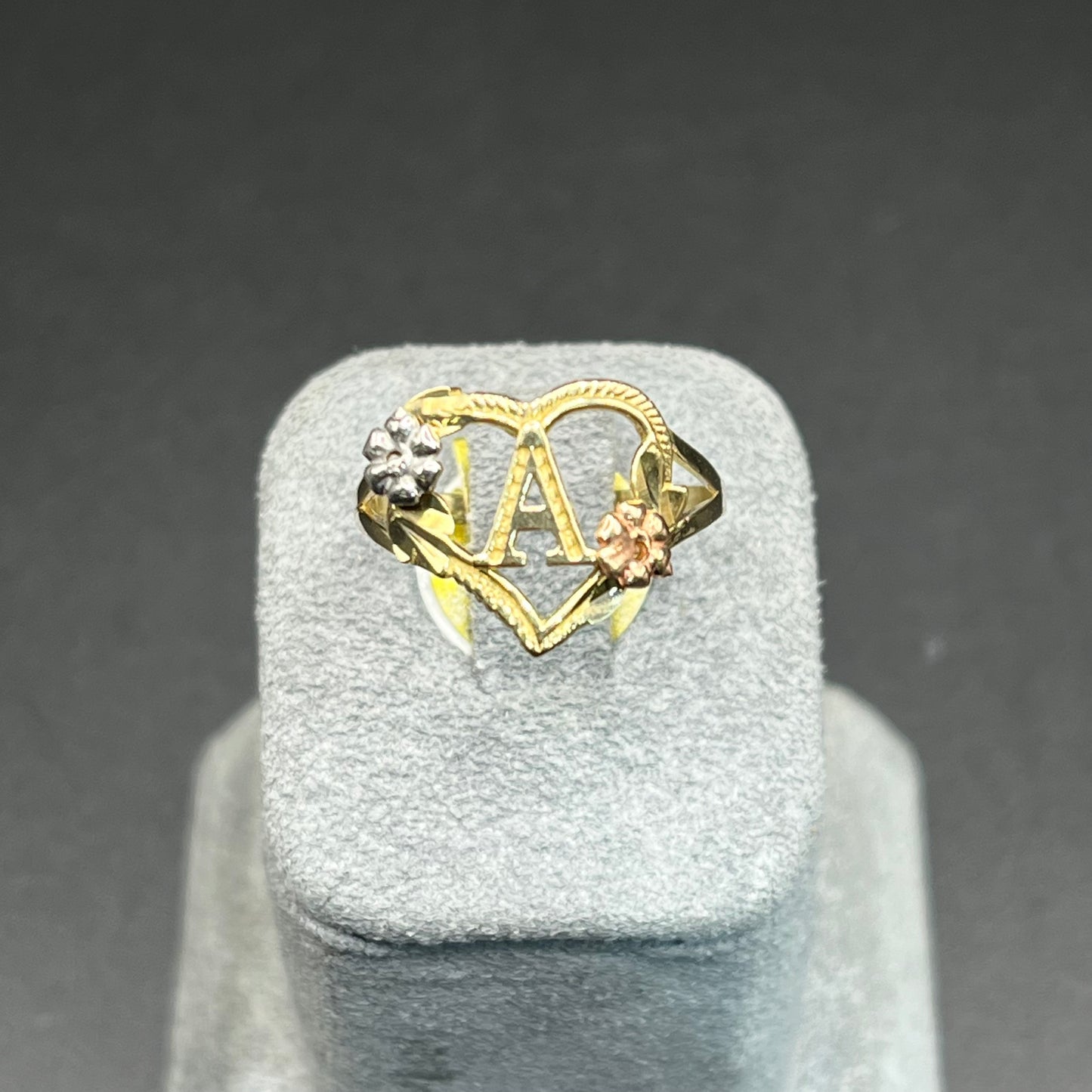 14K Gold Initial Ring with Pink Roses