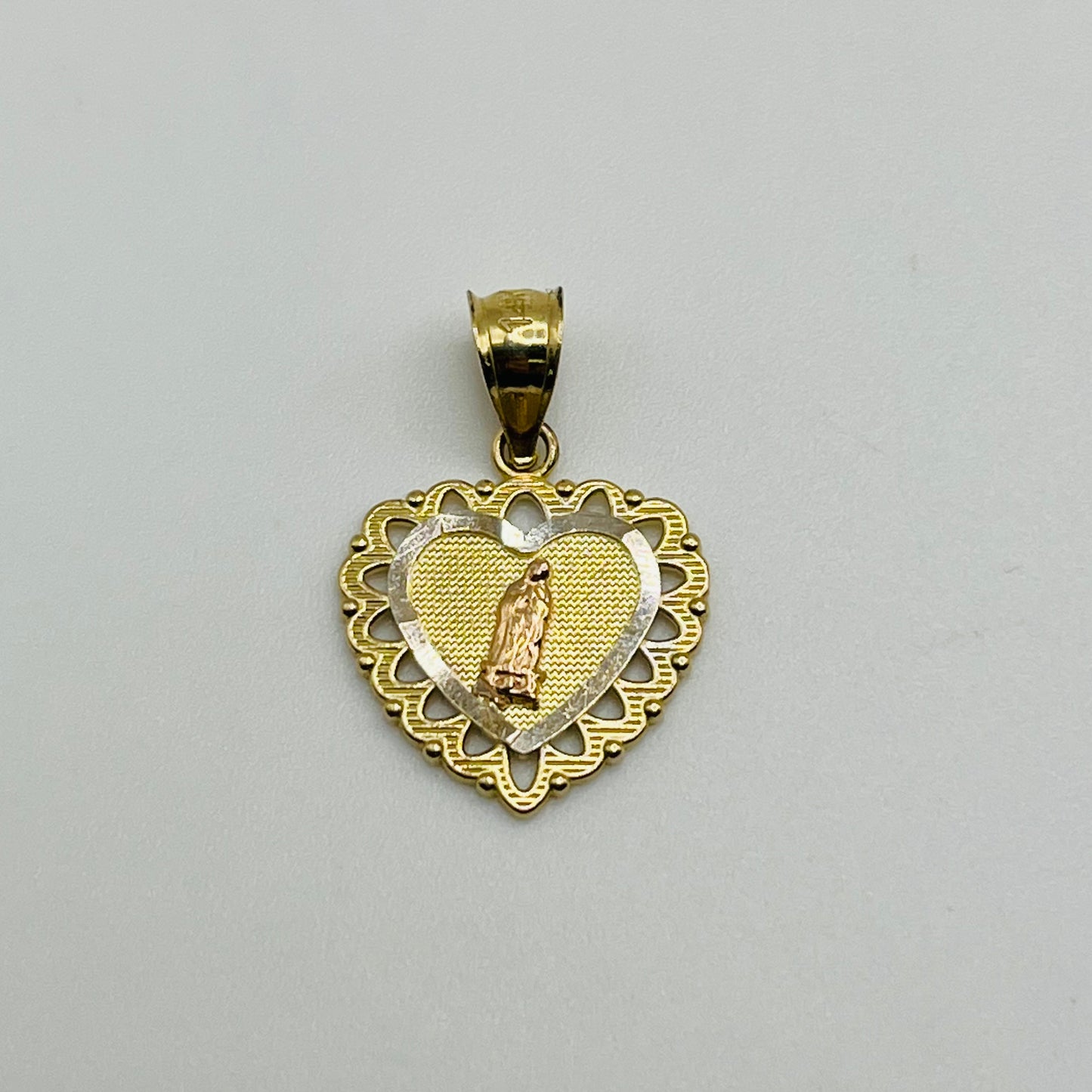 14K Gold Tricolor Virgin Mary Heart Charm