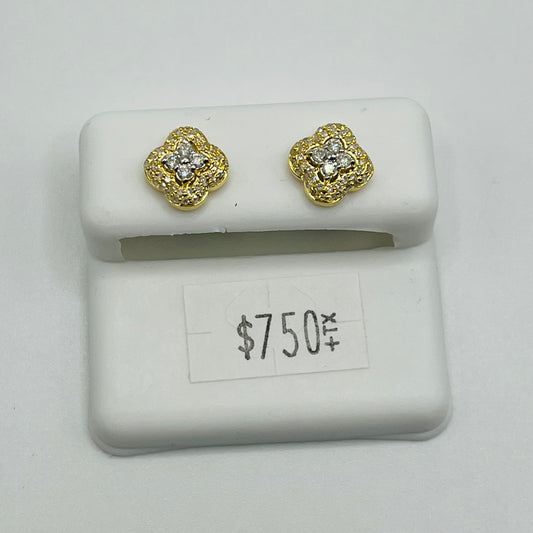 14k Gold Natural Diamond Two Tier Clover Earrings (Screwback)
