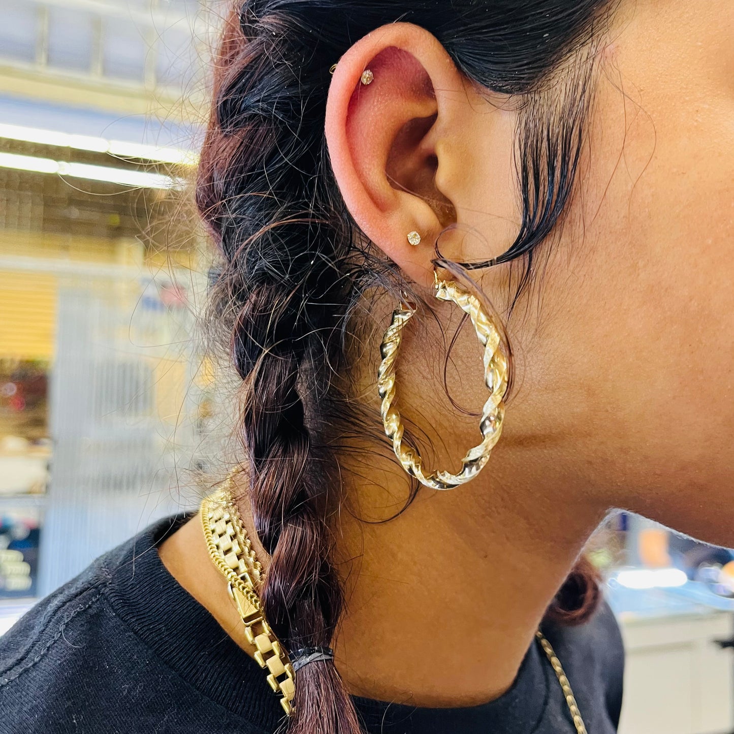 10K Gold 4.3mm Twist Hoop Earrings (1.75" diameter)