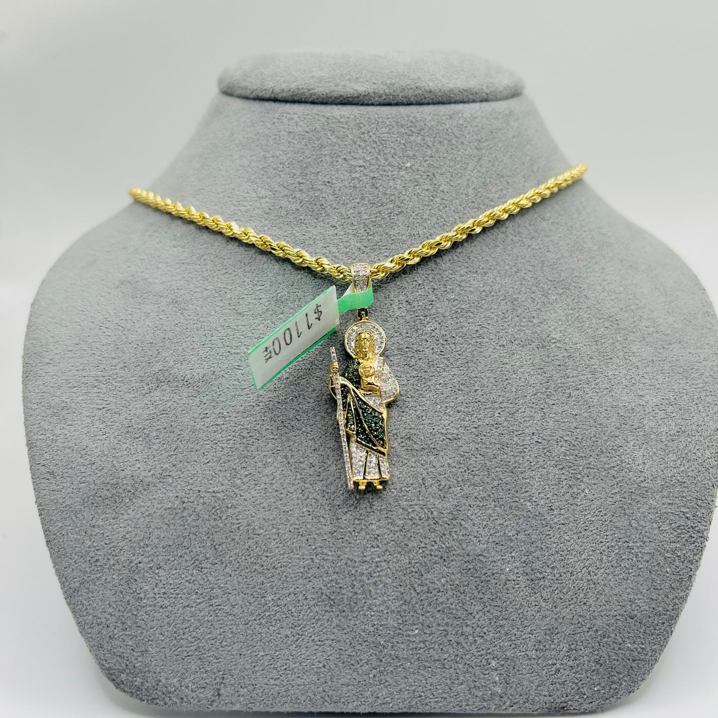 14k Gold Natural Diamond San Judas Green Cloth Charm