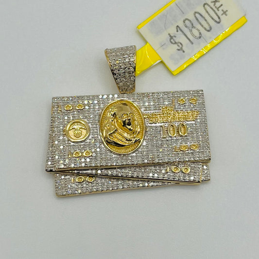 10k Gold Natural Diamond 100$ Money Stack Charm