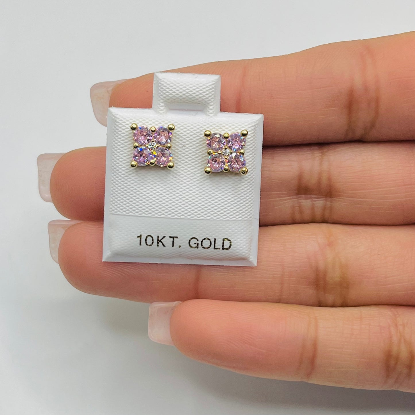 10K Gold Pink Square Flower Earrings (7mm)