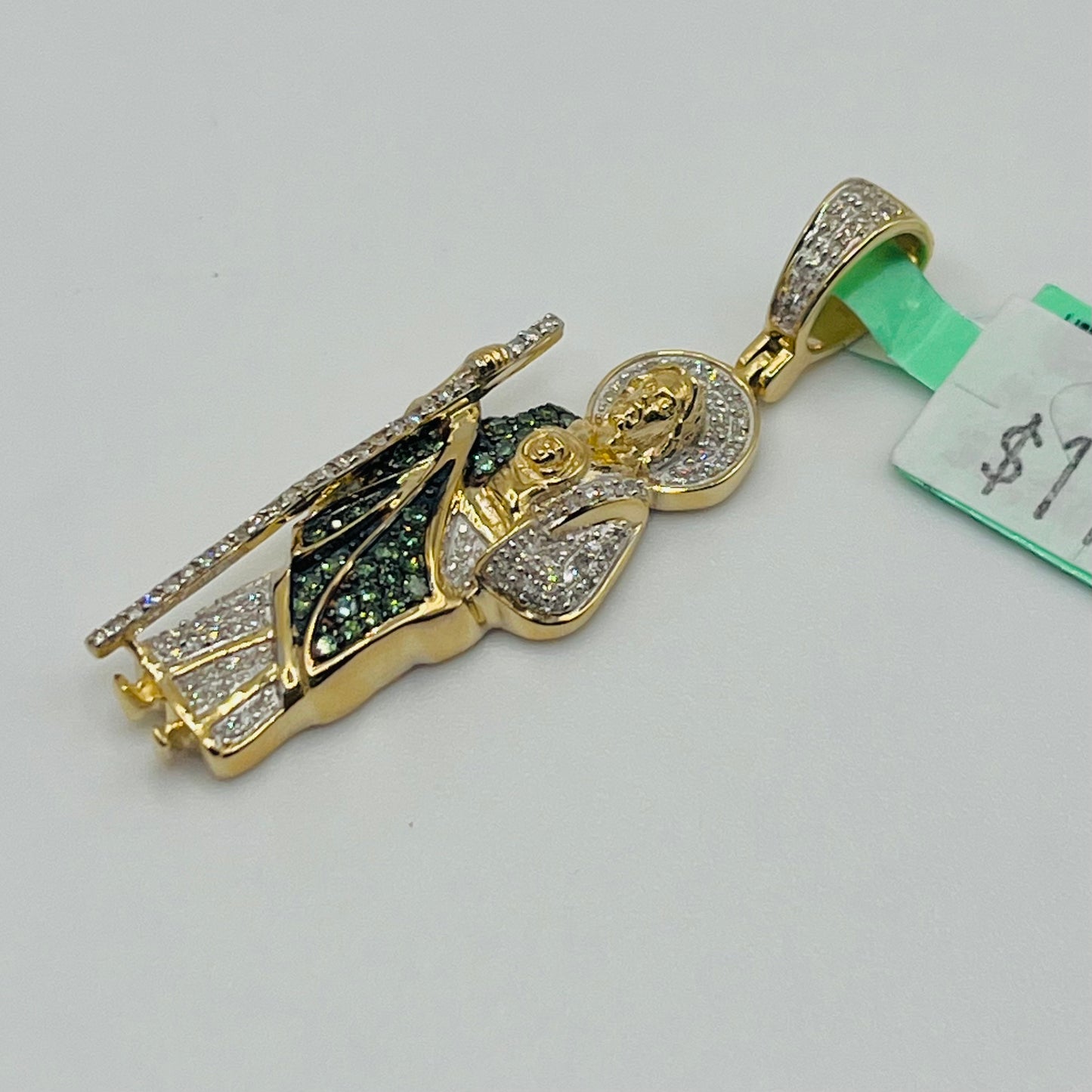 14k Gold Natural Diamond San Judas Green Cloth Charm