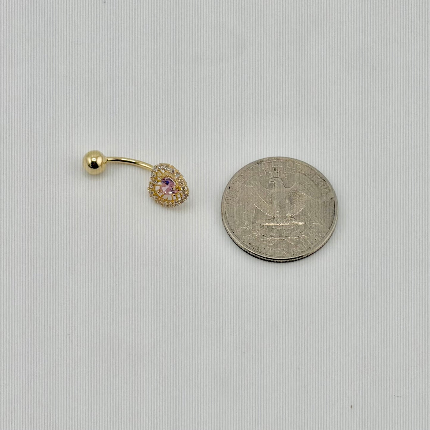 14k Gold Double Heart Cz Pink Belly Ring