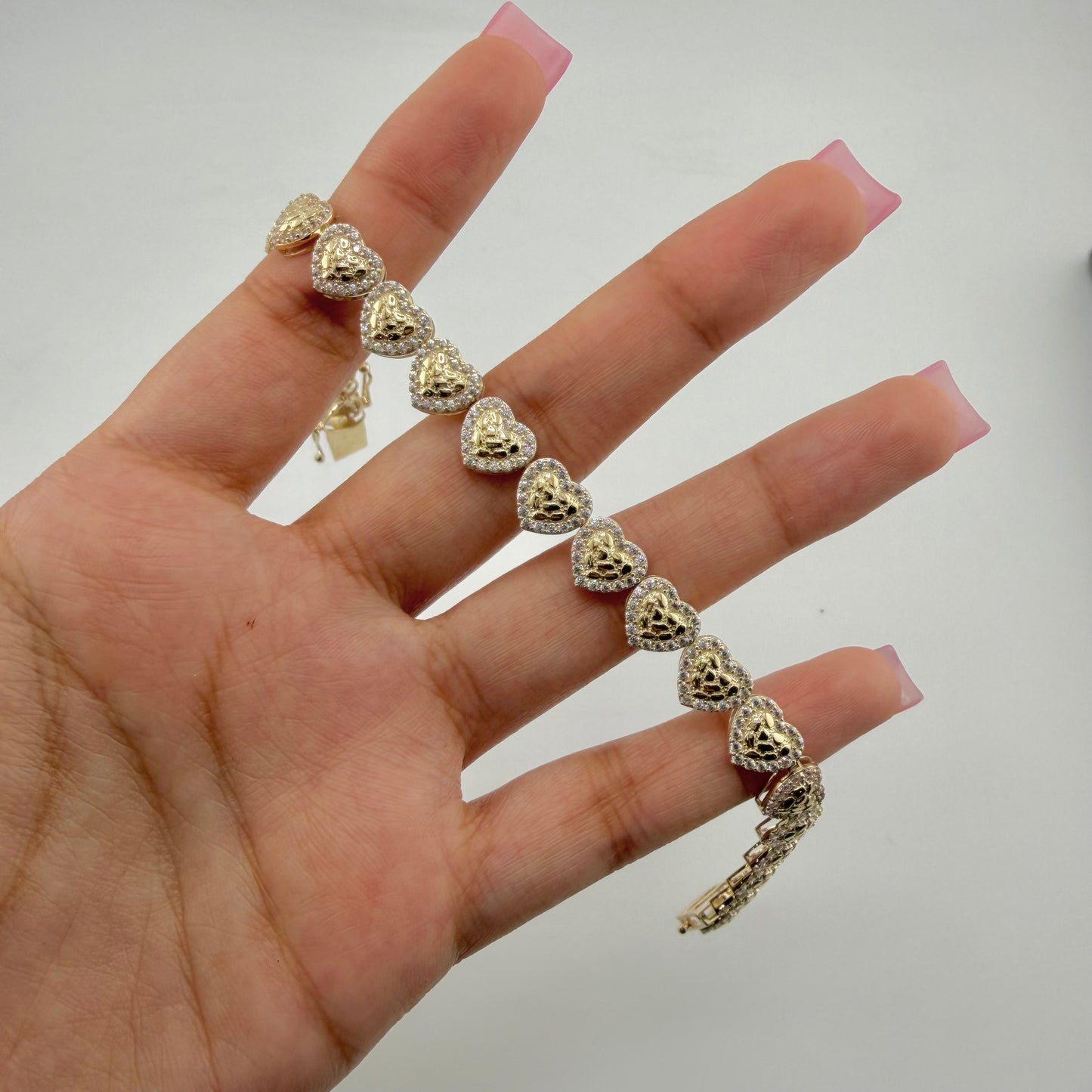 10k Gold Heart Nugget Cz Border Bracelet