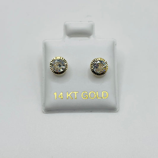 Gold earrings on a display card with '14 KT GOLD' text on a white background