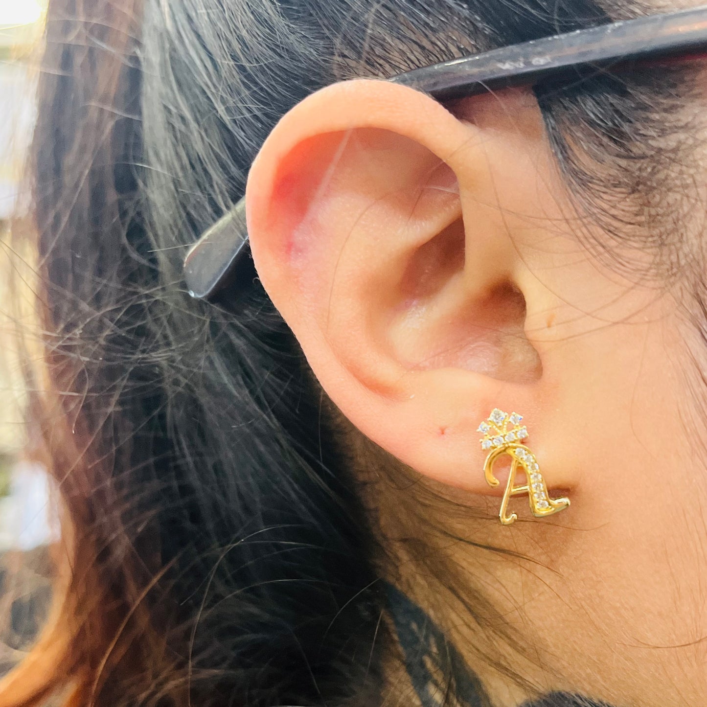 10K Gold Cursive Initial Earrings with Crown