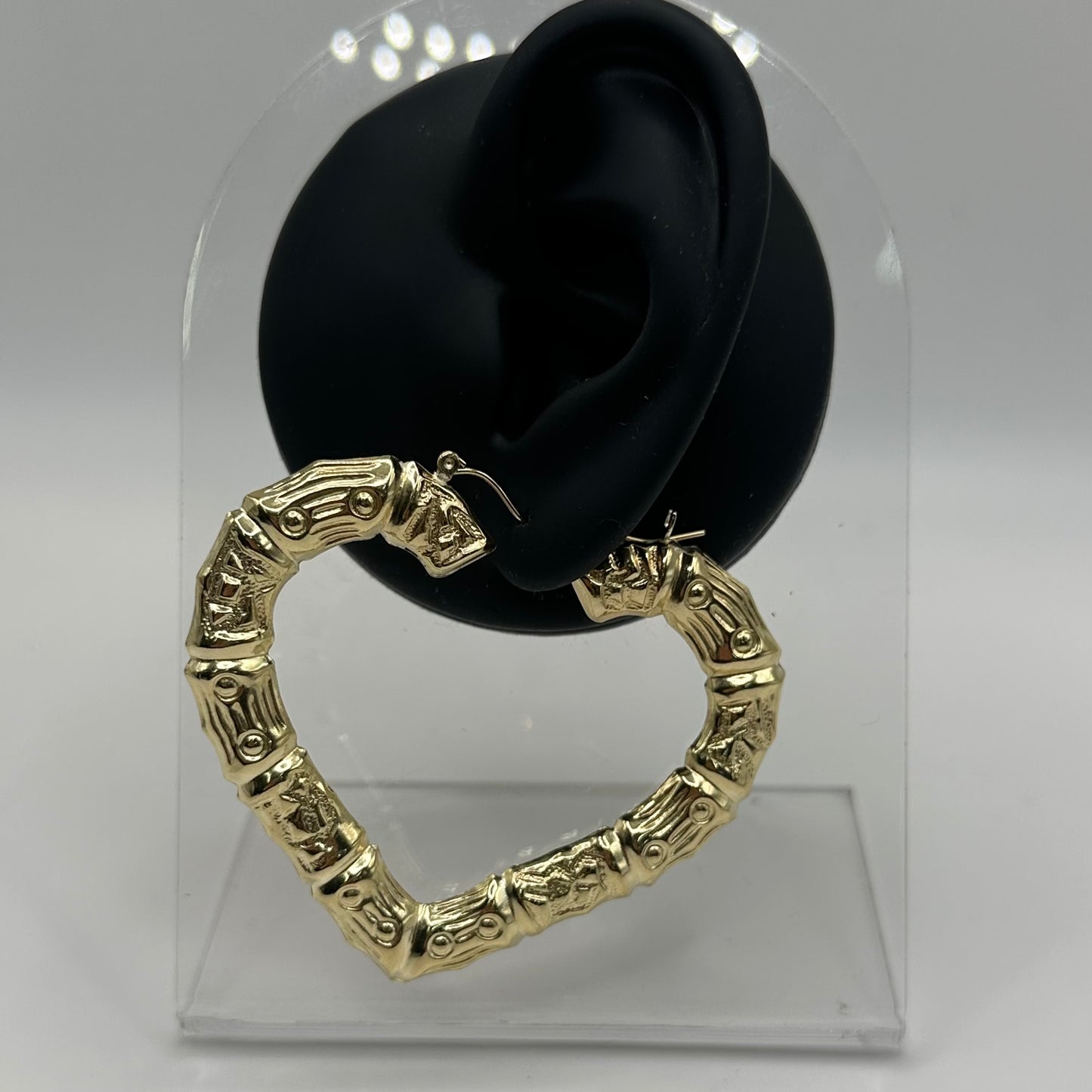 10K Gold Bamboo Heart Hoop Earrings (2.5 inch)