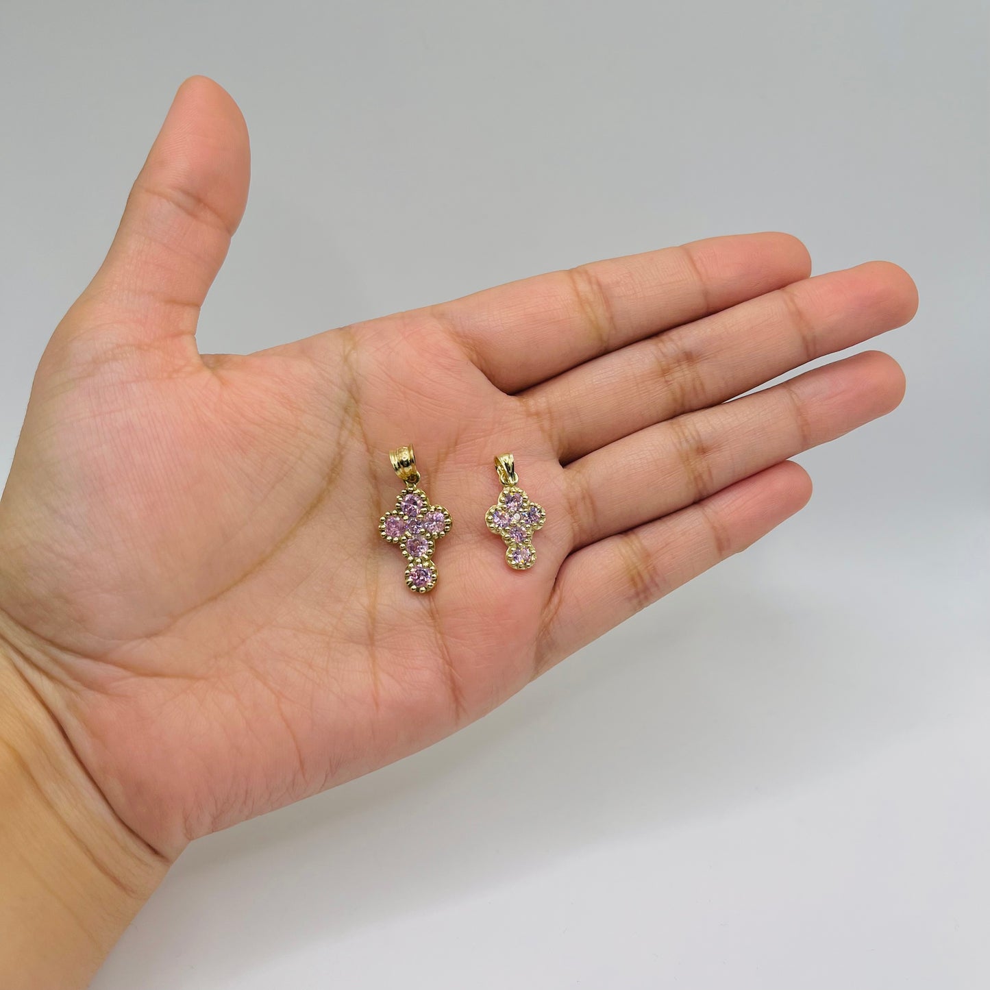 10k Gold Beaded Cz Pink Cross Charm (S)