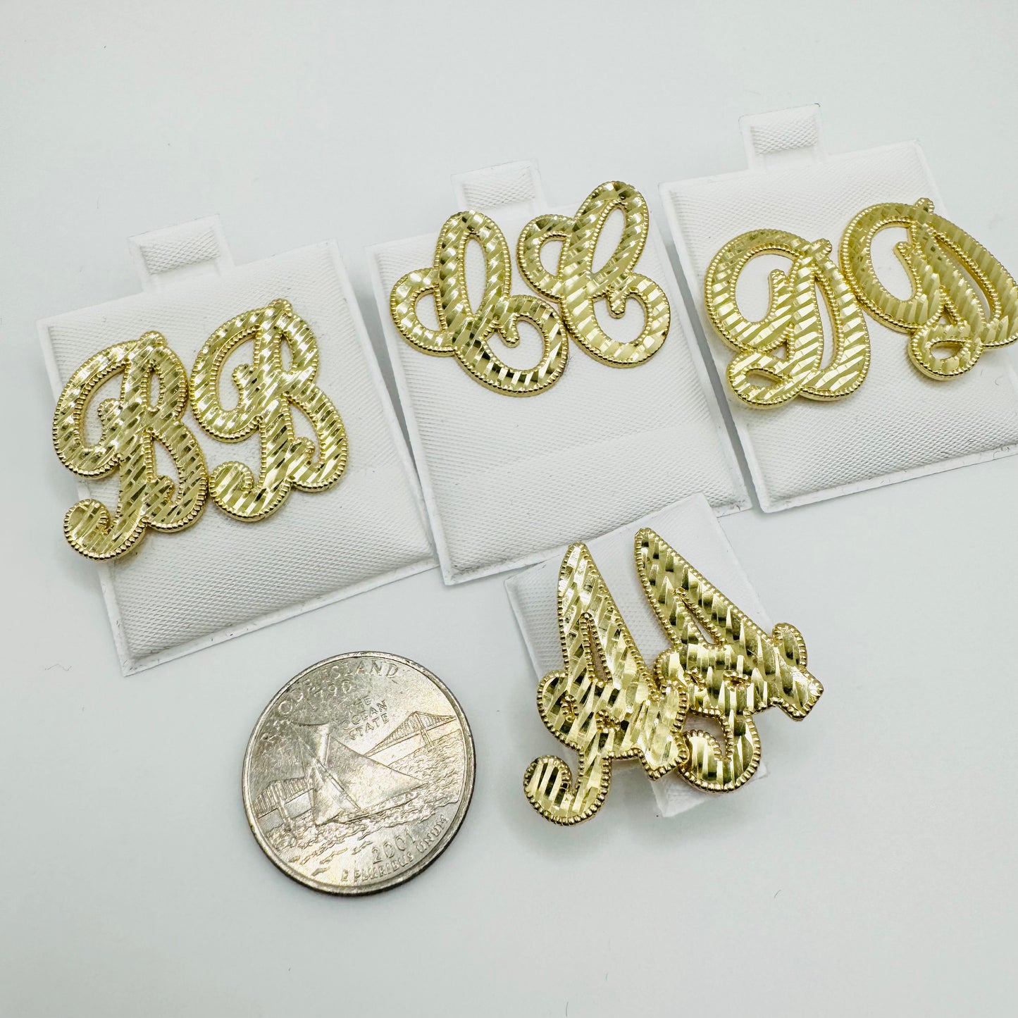 10K Gold Large Cursive Initial Earrings (shiny diamond cut finish)