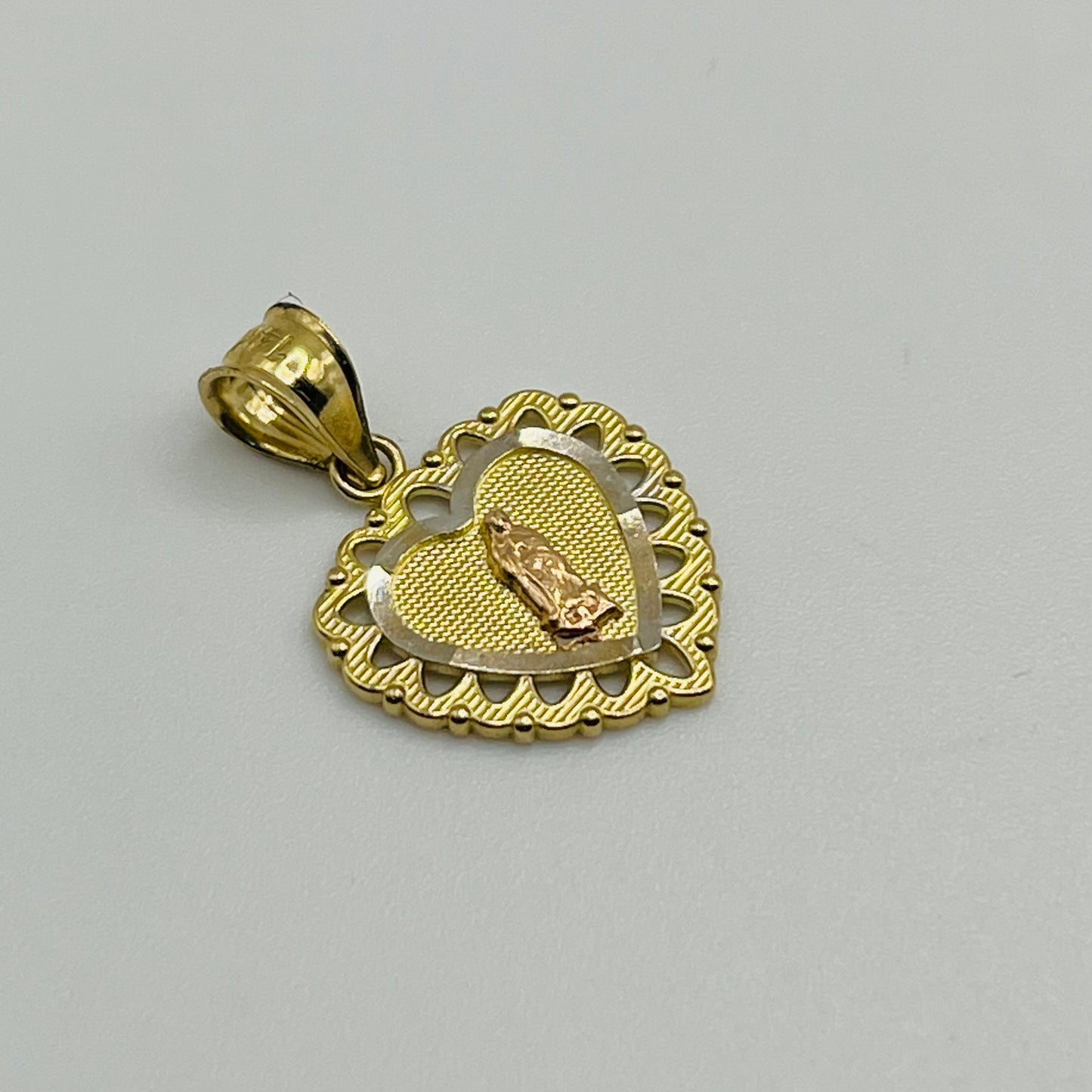 14K Gold Tricolor Virgin Mary Heart Charm