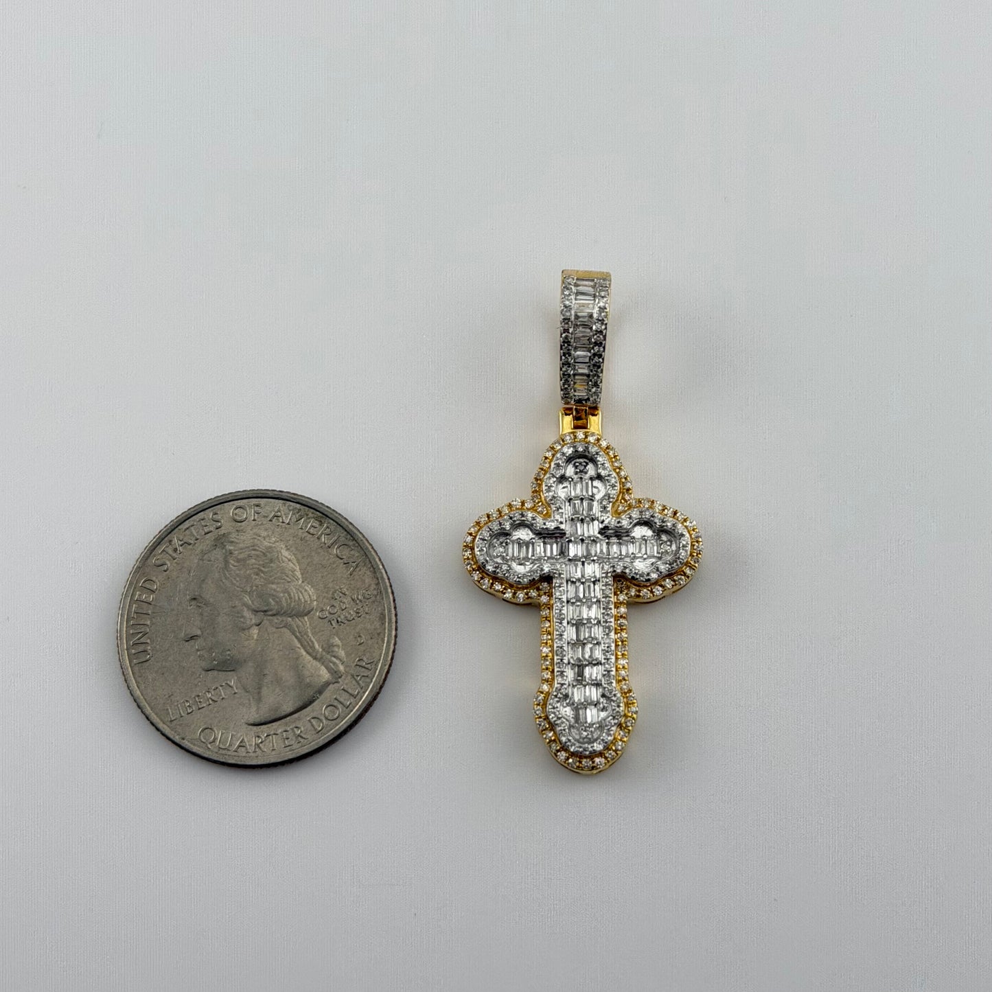 14k Gold Natural Diamond Rounded Baguette Roman Cross Pendant