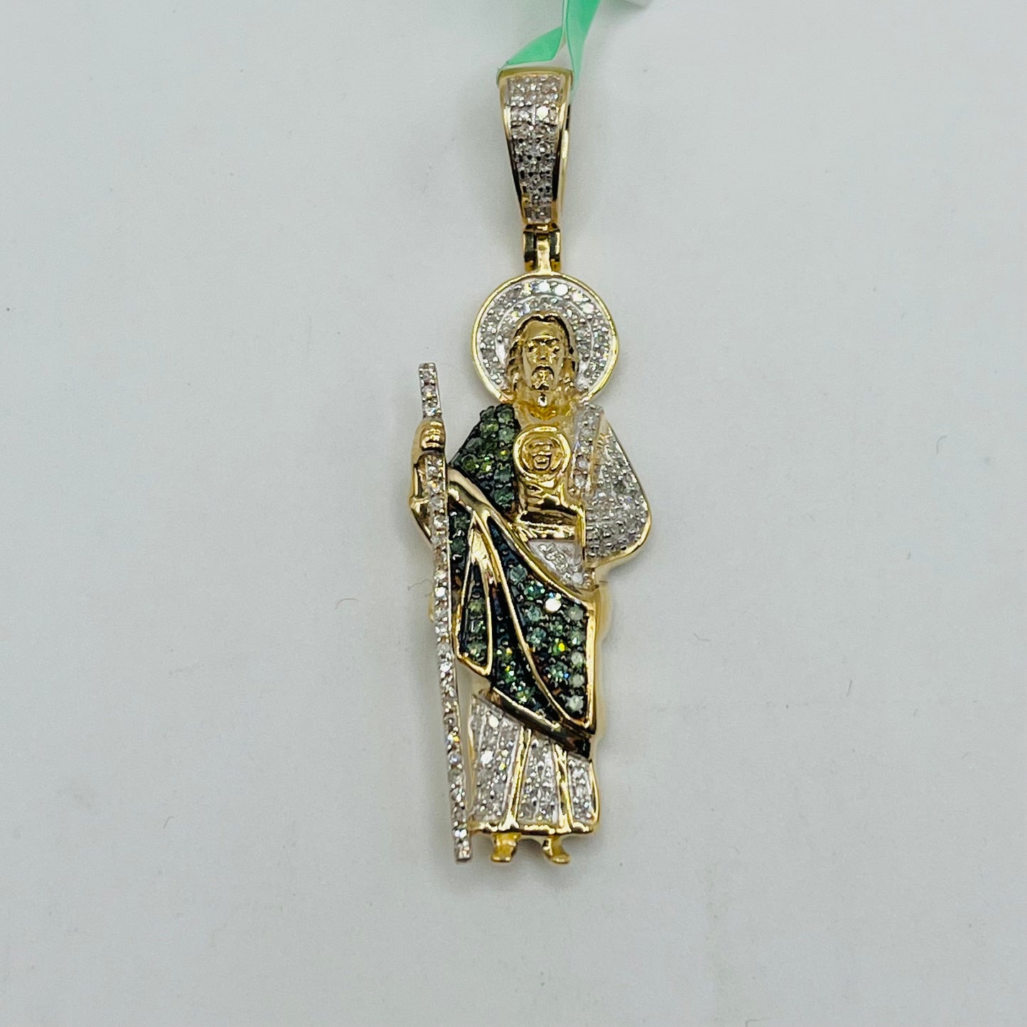 14k Gold Natural Diamond San Judas Green Cloth Charm