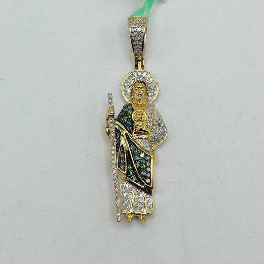 14k Gold Natural Diamond San Judas Green Cloth Charm
