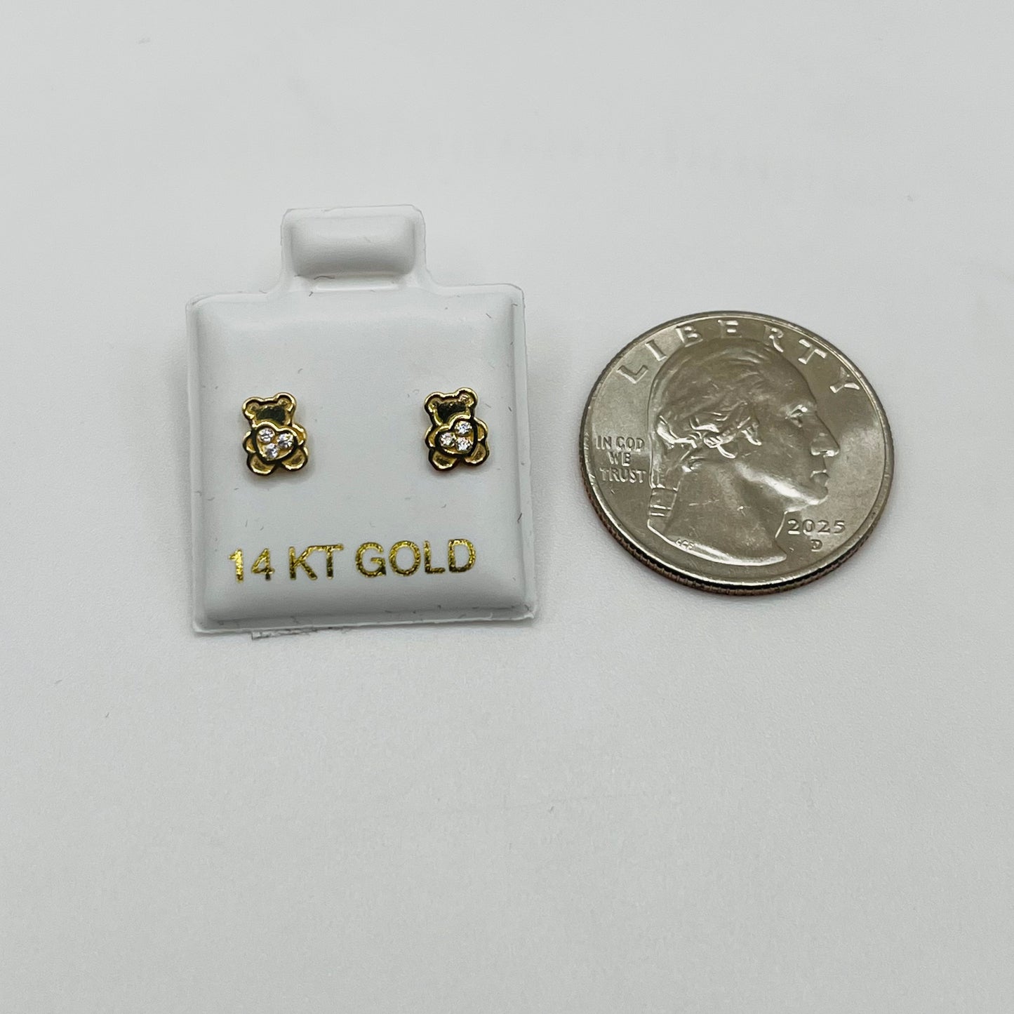 14k Gold Baby Teddy Bear Heart Cz Earrings