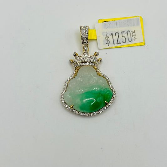 10k Gold Natural Diamond Jade Buddha with Crown Charm