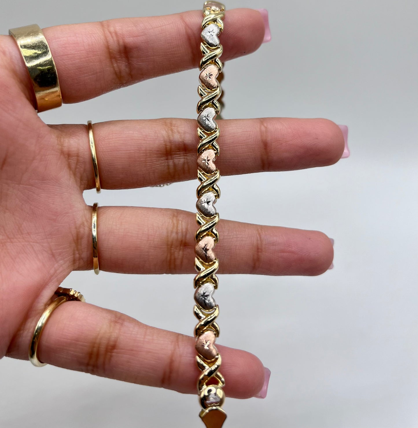 14K Tri-color Gold Heart XO bracelet