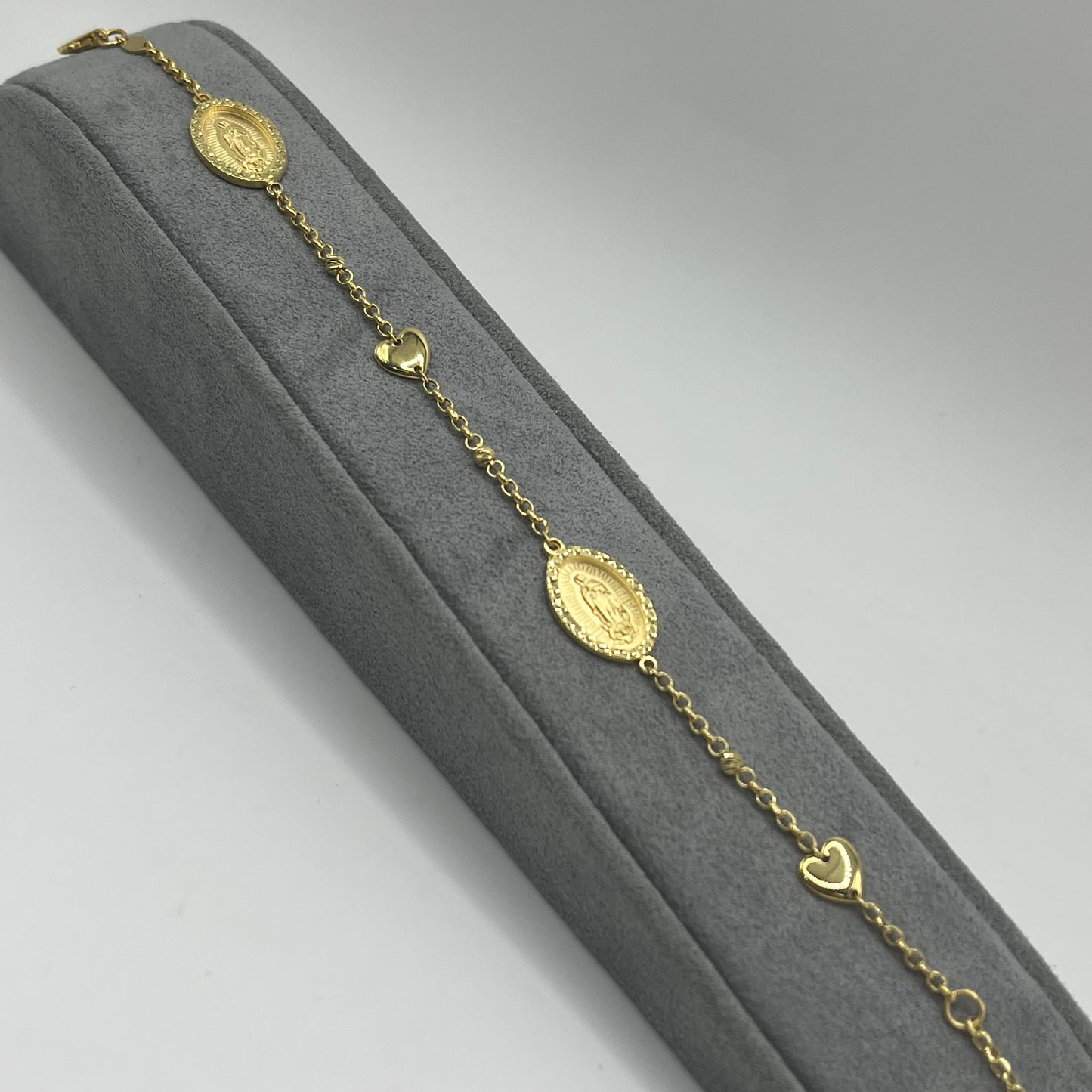 10k Gold Designer Bracelet - Virgin Mary and Hearts