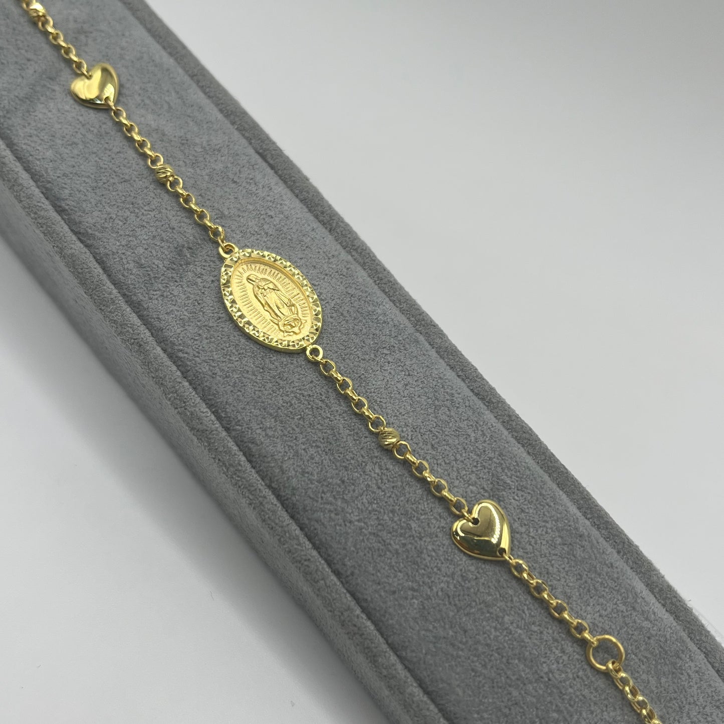 10k Gold Designer Bracelet - Virgin Mary and Hearts