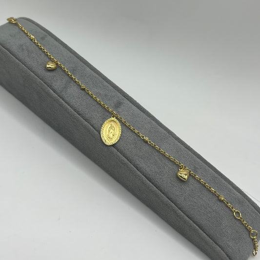 10k Gold Designer Bracelet - Single Virgin Mary with Hearts