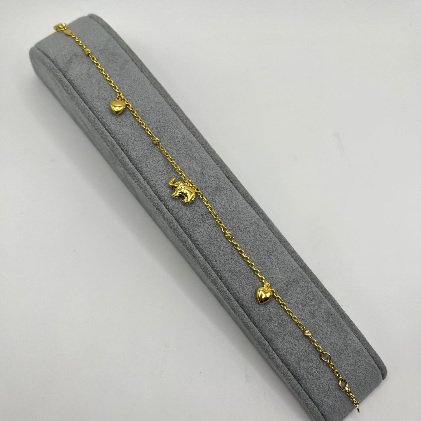 10k Gold Designer Bracelet - Puffed Elephant and Hearts