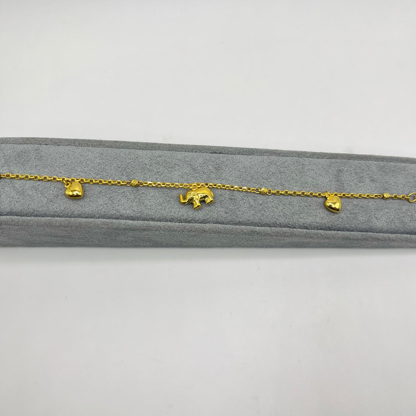 10k Gold Designer Bracelet - Puffed Elephant and Hearts
