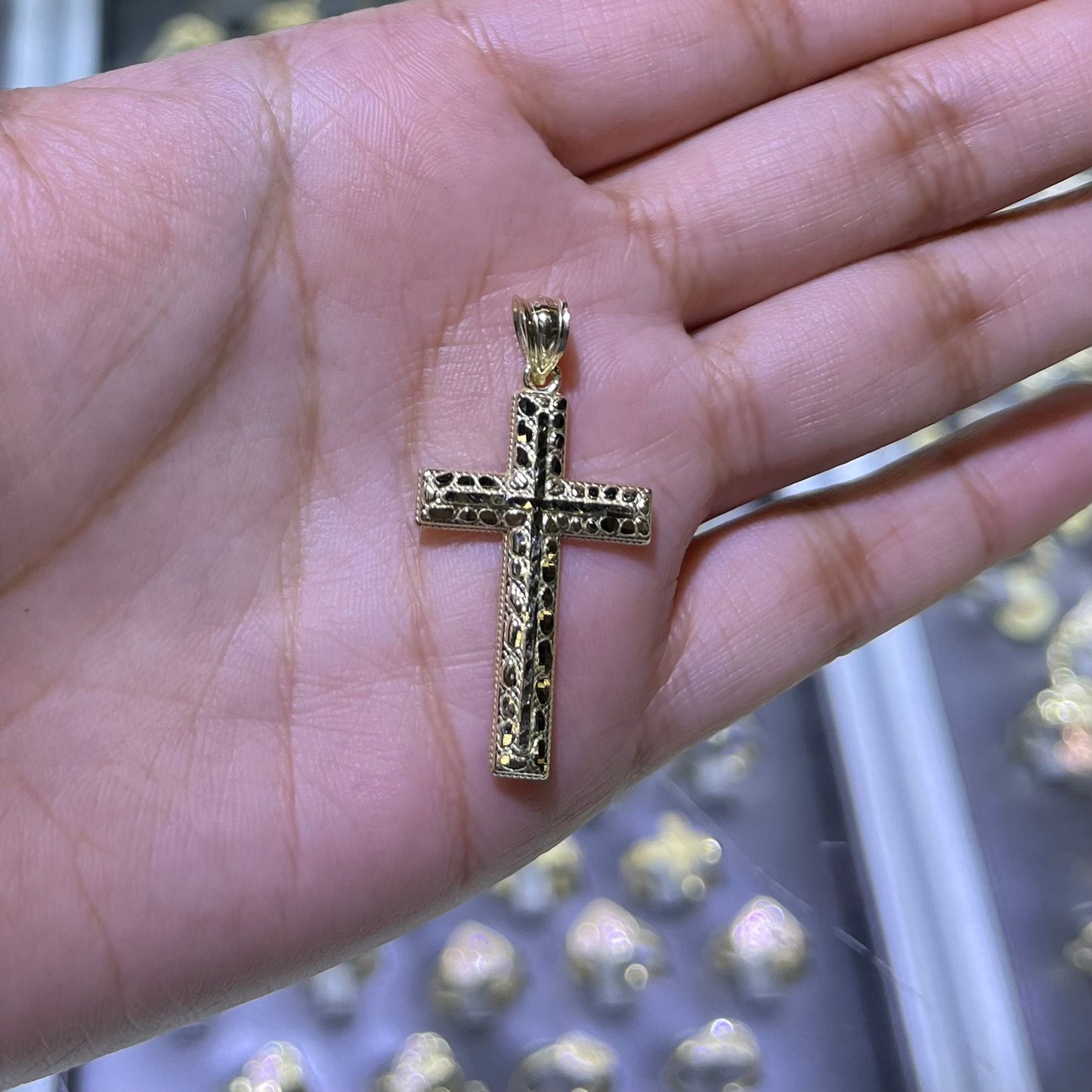 10k Gold Nugget Domed Cross Charm