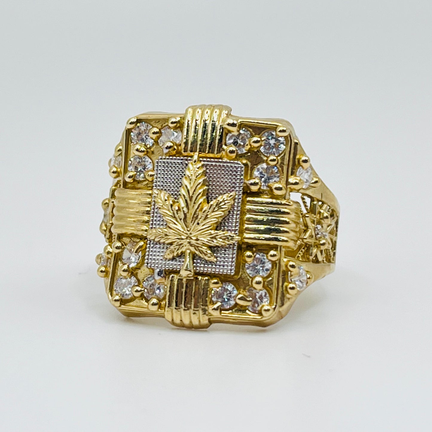 10K Gold Two Tone CZ Weed Ring