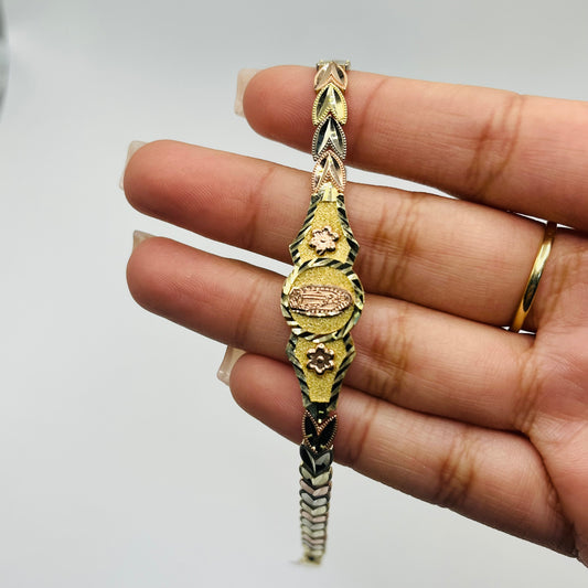 14K Gold 5mm Tri-Color Virgin Mary Heart Bracelet with Roses