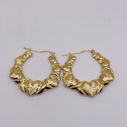 10K Gold Fancy Heart Hoop Earrings (1.3")