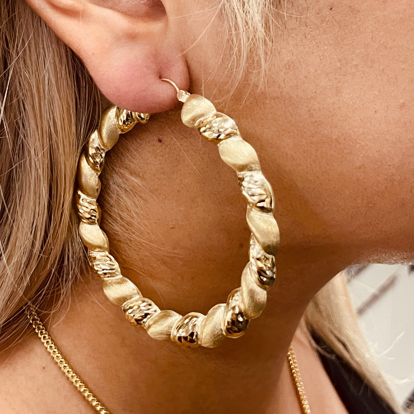 10K Gold Matte and High Polish Hoop Earrings 2"