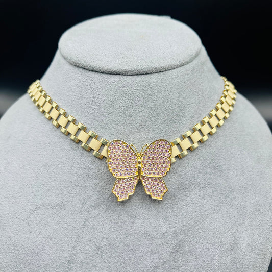 10K Gold 8mm RX Chain and Pink Butterfly Charm Set