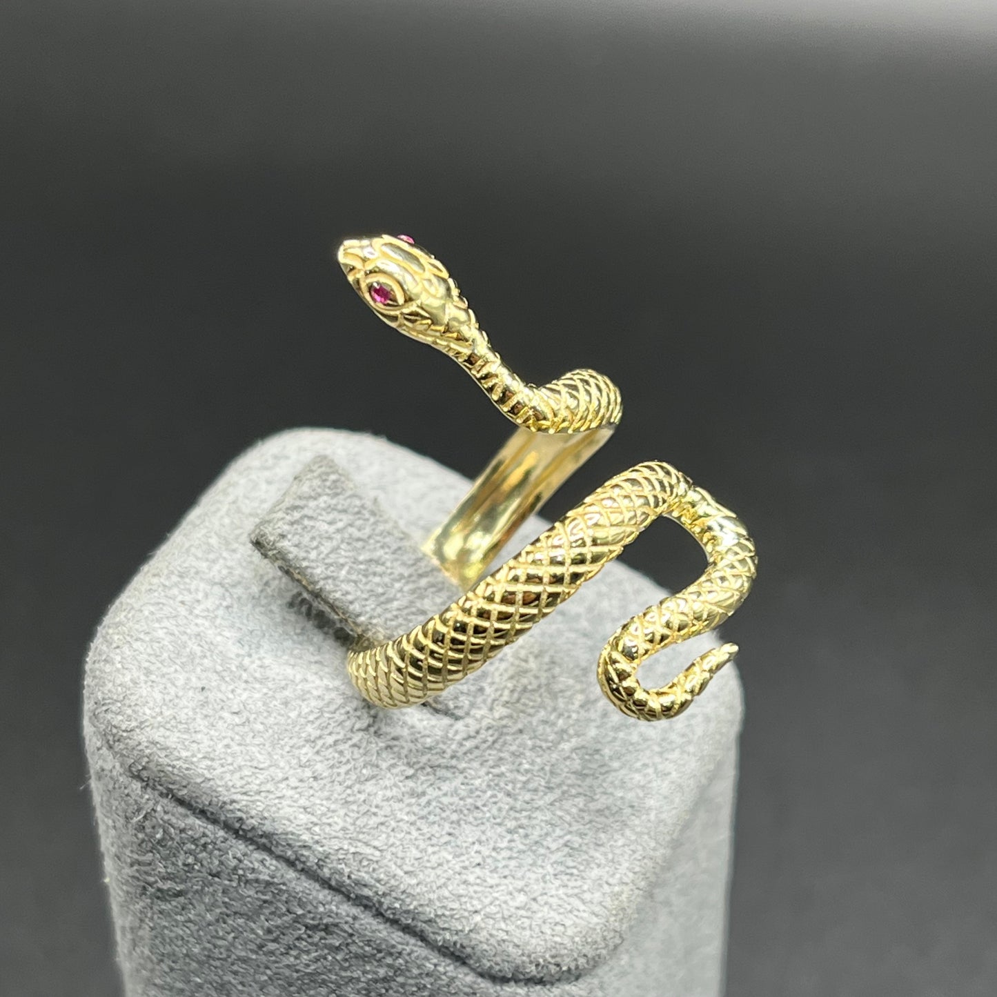 14K Gold Red Eye Snake Ring