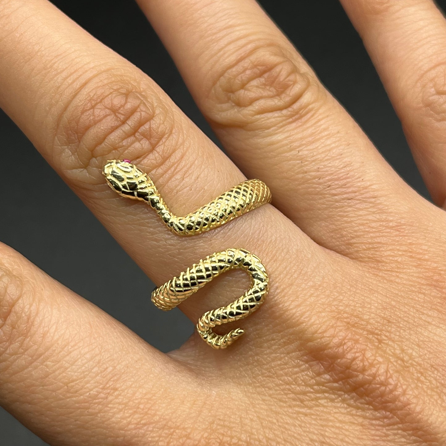 14K Gold Red Eye Snake Ring