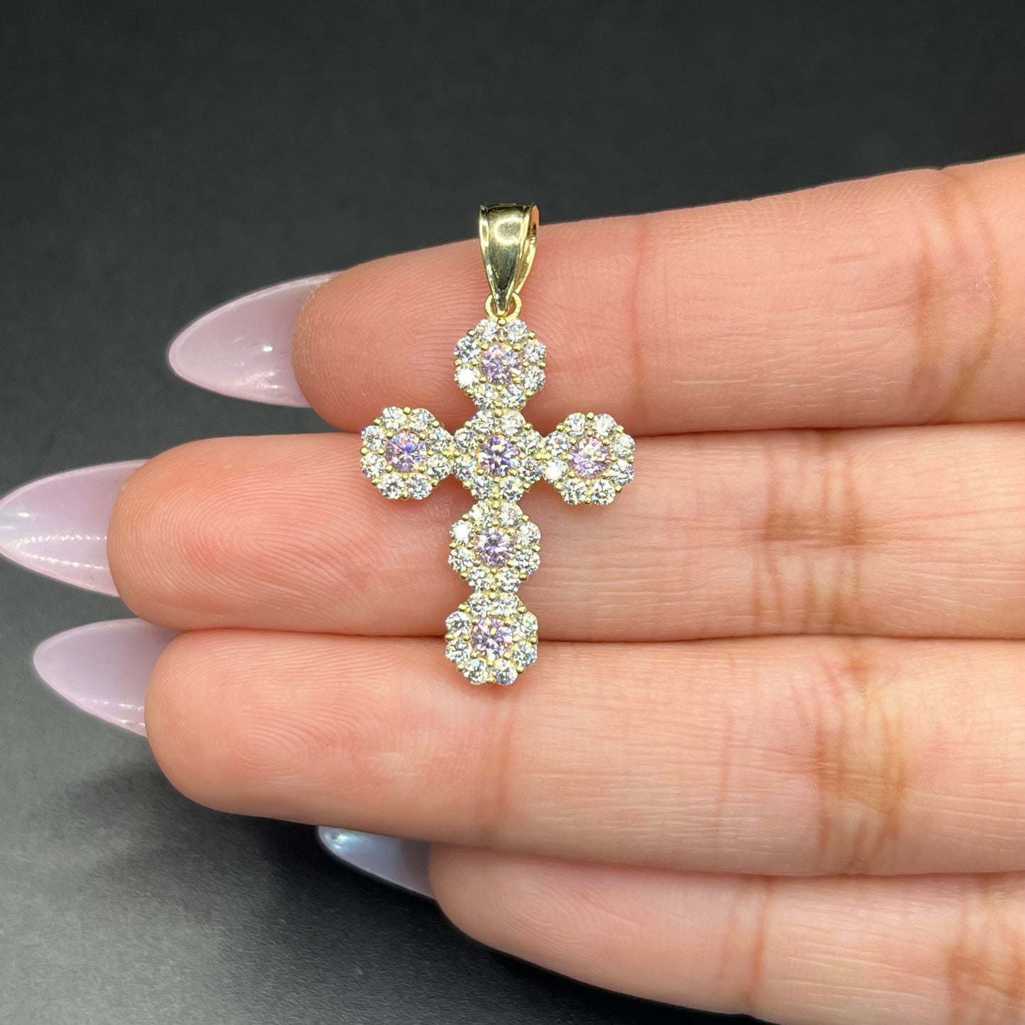 10k Gold Pink and White CZ Flower Cross (Medium)