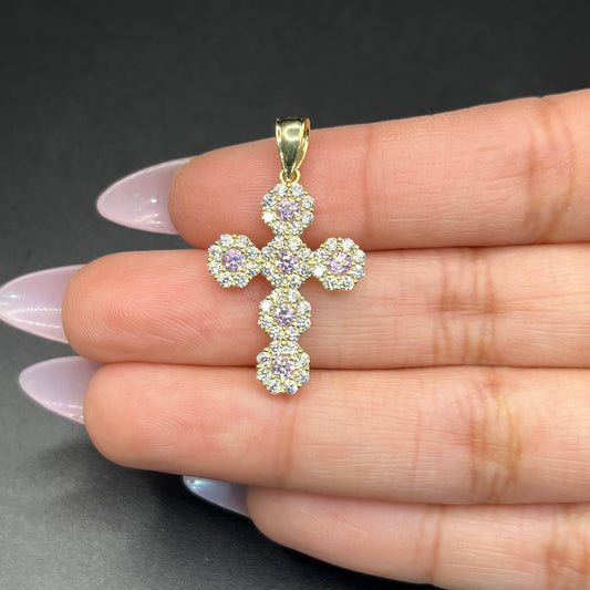 10k Gold Pink and White CZ Flower Cross (Medium)
