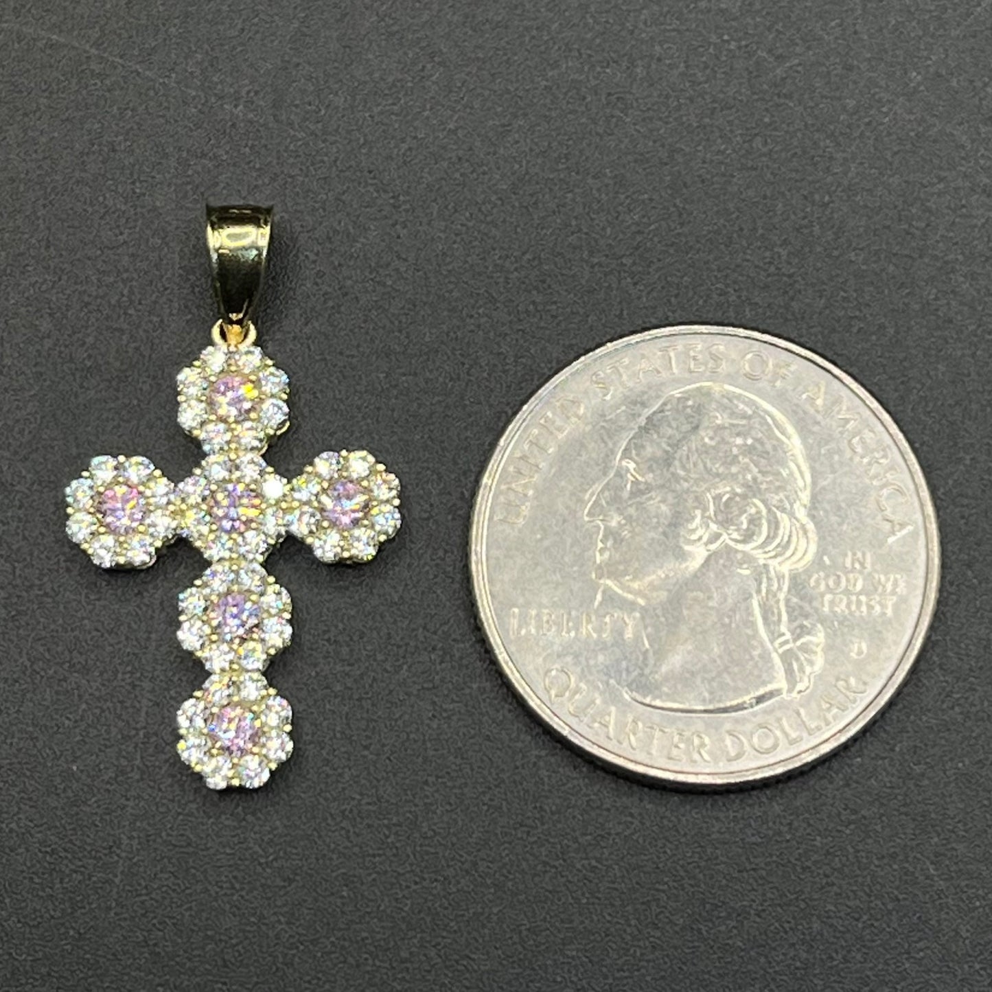 10k Gold Pink and White CZ Flower Cross (Medium)