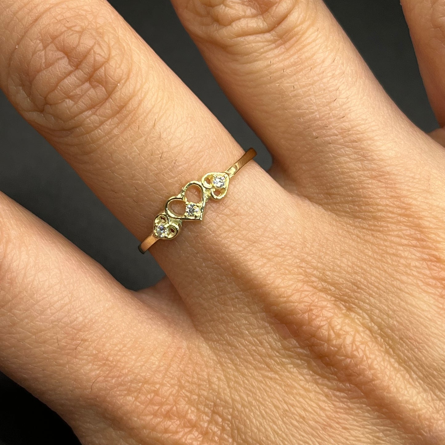 10K Gold Dainty Tri Heart CZ ring